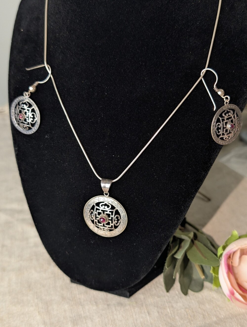 Sterling Silver 925 Tibetan Mandala Pendant Necklace & Earrings Set Red Cabochon